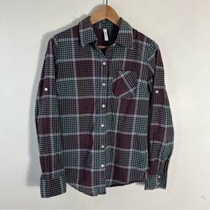 RVCA Women’s 100% Cotton Plaid Button Up Green Burgundy Pull Tab Sleeve Size S